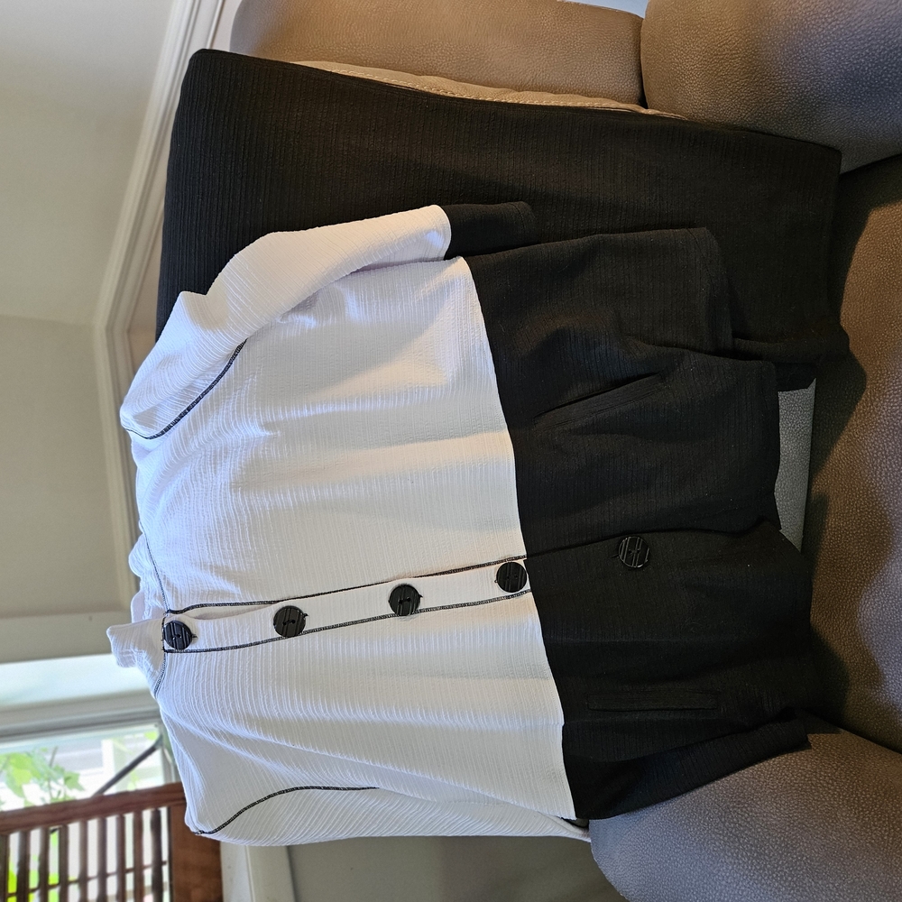 White and Black Button-Up Shirt and matching Pants.